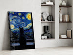 Black Cat at the Starry Night Window Glass Wall Art