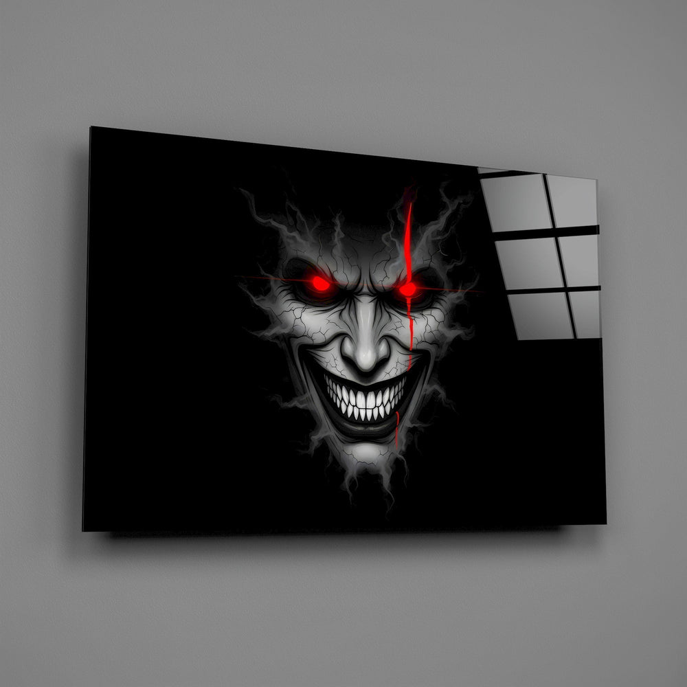 Cracked Gray Grinning Demon Face Glass Wall Art