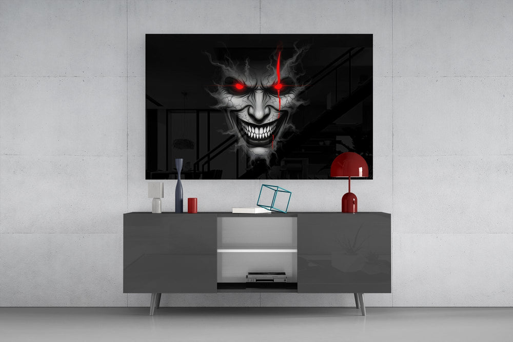 Cracked Gray Grinning Demon Face Glass Wall Art