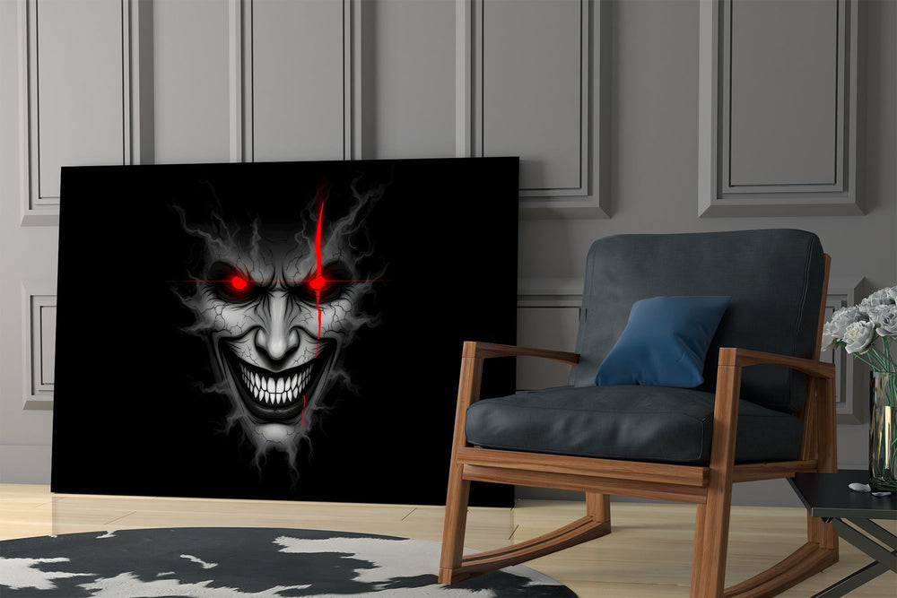 Cracked Gray Grinning Demon Face Glass Wall Art