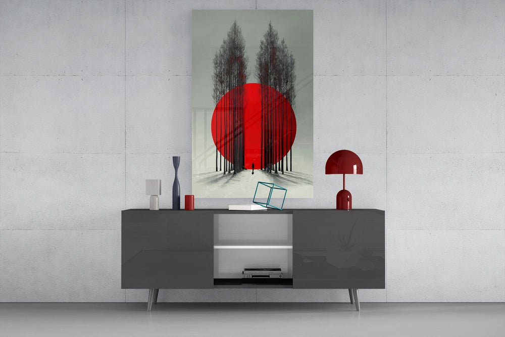 Crimson Sun Behind Bare Poplars Glass Wall Art