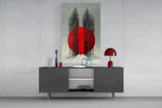 Crimson Sun Behind Bare Poplars Glass Wall Art