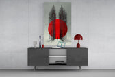 Crimson Sun Behind Bare Poplars Glass Wall Art