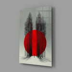 Crimson Sun Behind Bare Poplars Glass Wall Art
