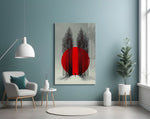 Crimson Sun Behind Bare Poplars Glass Wall Art