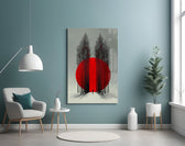 Crimson Sun Behind Bare Poplars Glass Wall Art
