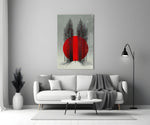 Crimson Sun Behind Bare Poplars Glass Wall Art