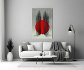 Crimson Sun Behind Bare Poplars Glass Wall Art