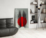 Crimson Sun Behind Bare Poplars Glass Wall Art