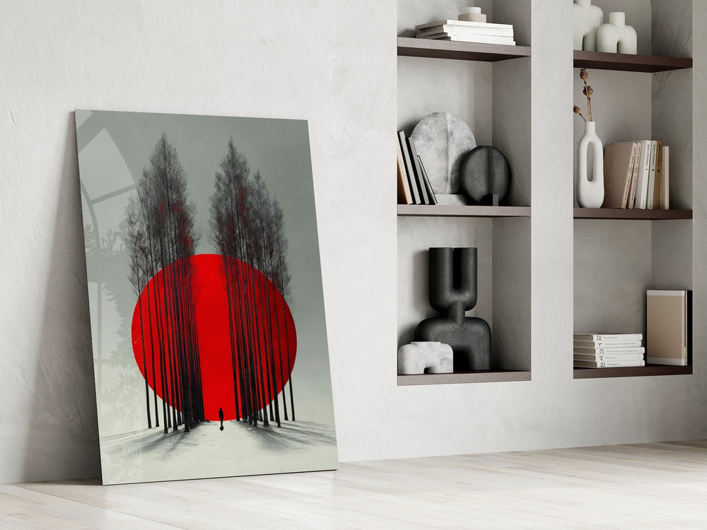 Crimson Sun Behind Bare Poplars Glass Wall Art