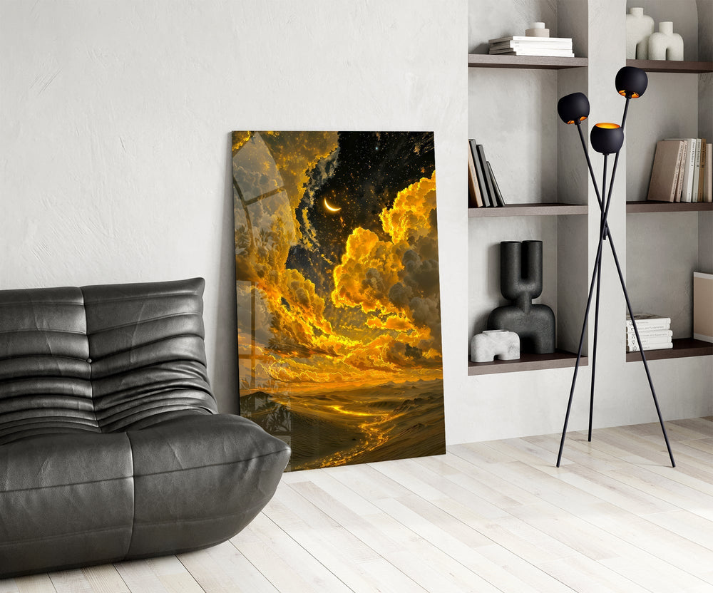 Golden Cloud Crescent Moon Desert Glass Wall Art