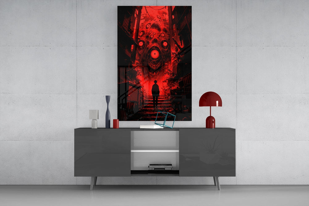 Crimson Many-Eyed Monster Alley Glass Wall Art