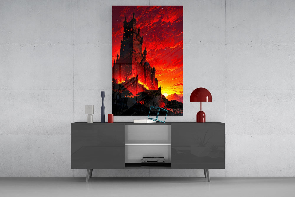 Gothic Castle Crimson Sunset Glass Wall Art