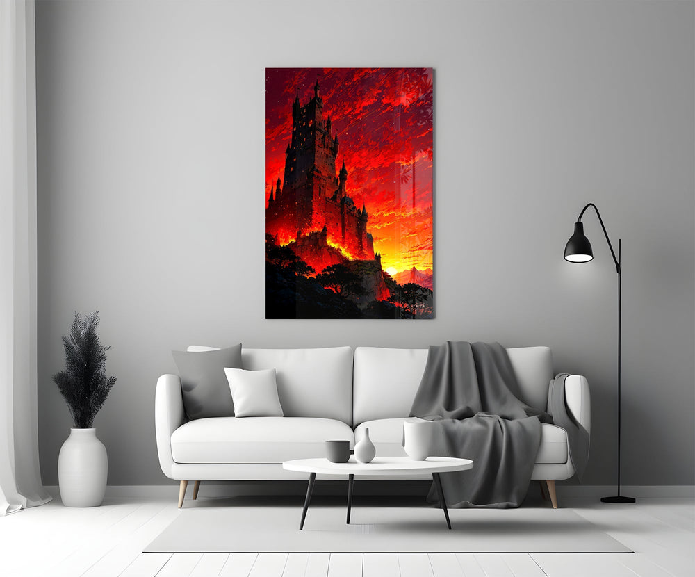 Gothic Castle Crimson Sunset Glass Wall Art