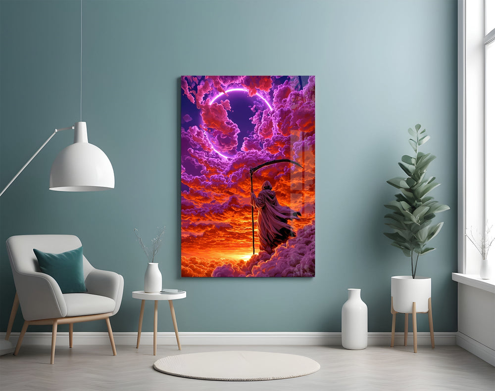Neon Ring Hooded Reaper in Clouds Glass Wall Art