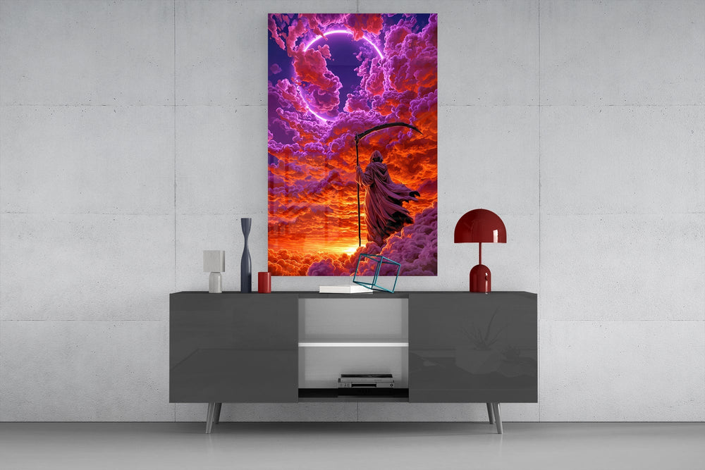 Neon Ring Hooded Reaper in Clouds Glass Wall Art