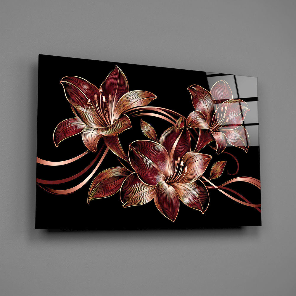 Crimson Gold Lily Trio Glass Wall Art