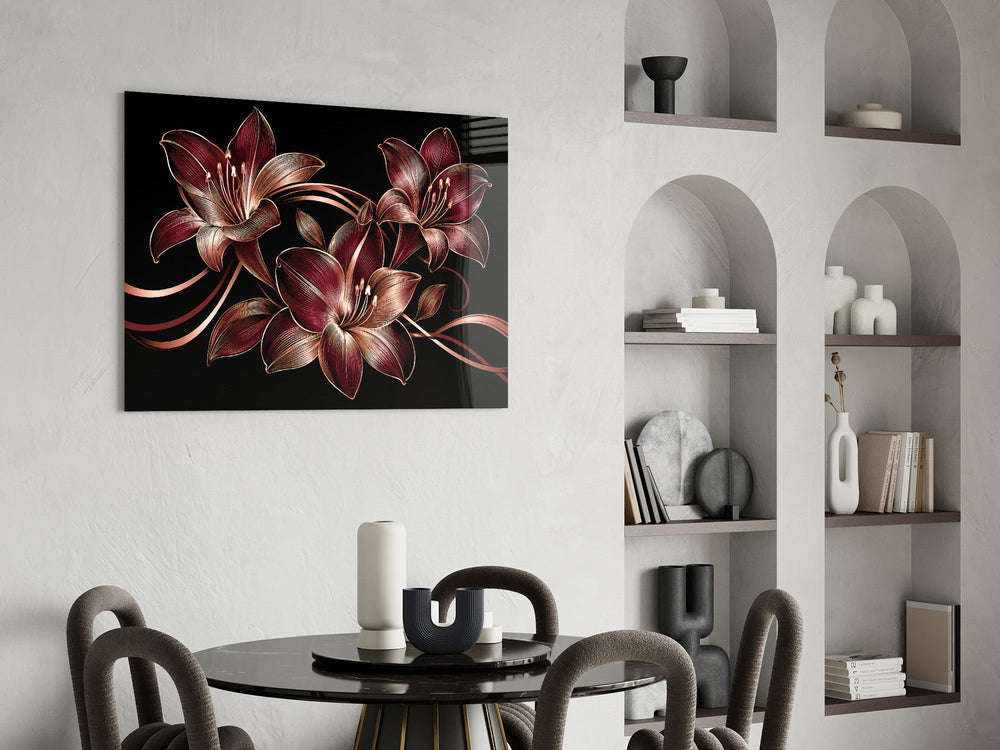 Crimson Gold Lily Trio Glass Wall Art