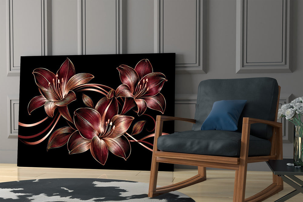 Crimson Gold Lily Trio Glass Wall Art