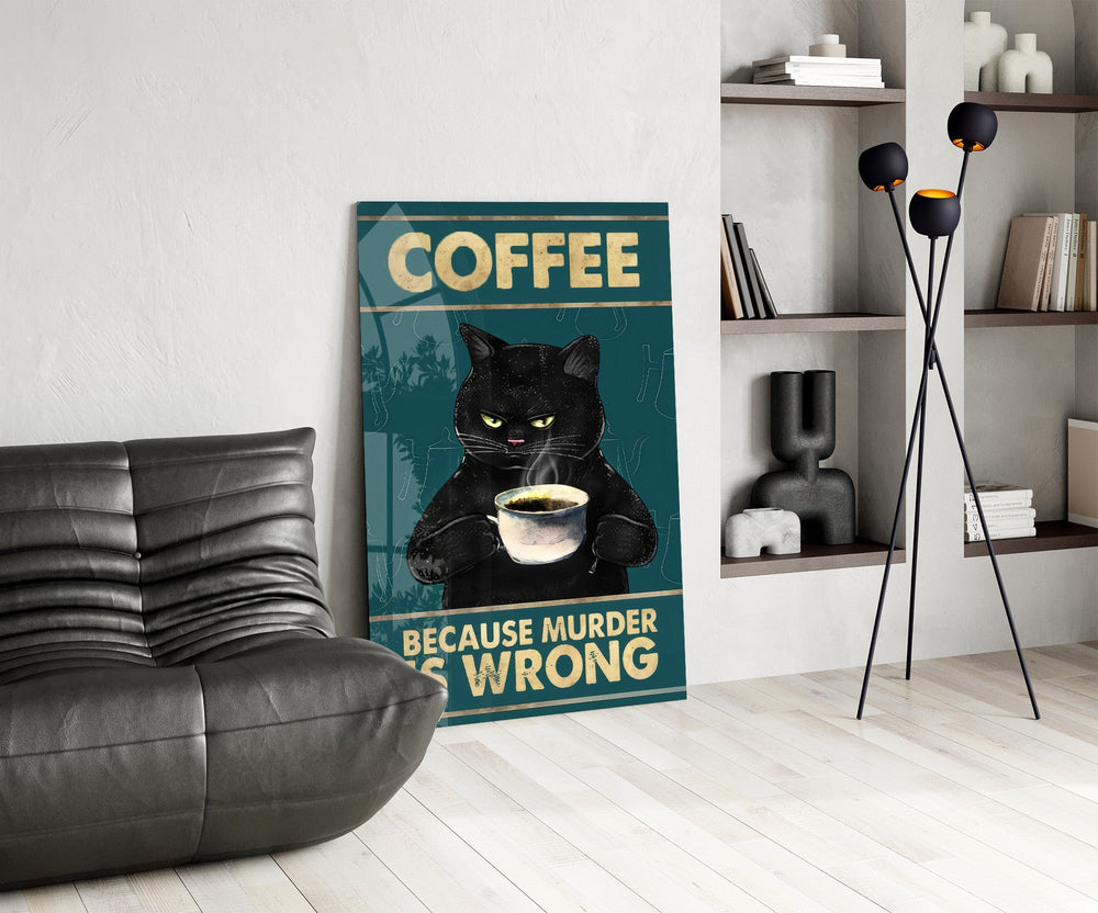 Grumpy Black Cat Coffee Glass Wall Art