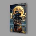 Galleon and Full Moon Seascape Glass Wall Art