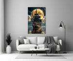 Galleon and Full Moon Seascape Glass Wall Art