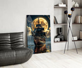 Galleon and Full Moon Seascape Glass Wall Art
