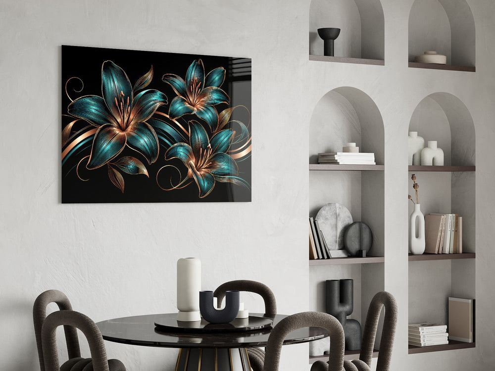 Teal and Copper Lily Trio Glass Wall Art