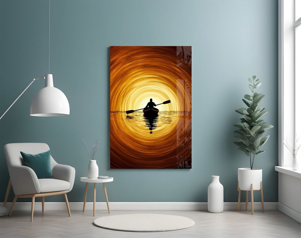 Golden Sunset Kayaker Silhouette Glass Wall Art