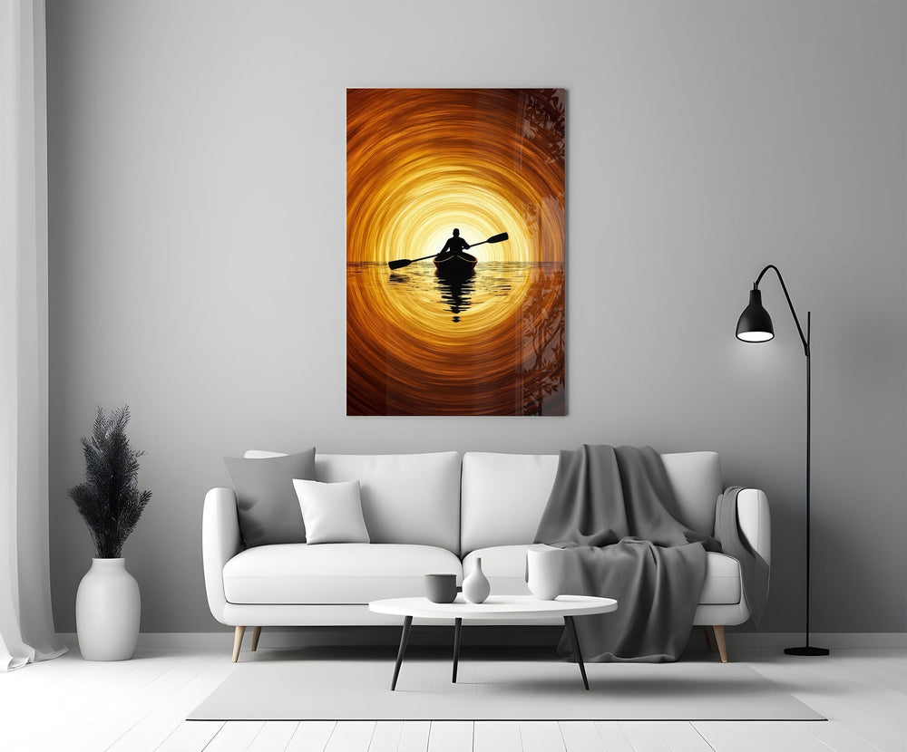 Golden Sunset Kayaker Silhouette Glass Wall Art
