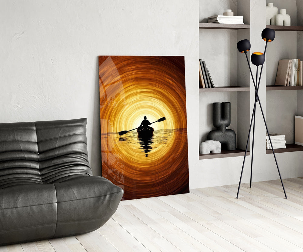 Golden Sunset Kayaker Silhouette Glass Wall Art