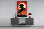 Rearing Black Horse Red Moon Glass Wall Art