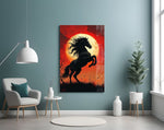 Rearing Black Horse Red Moon Glass Wall Art