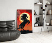 Rearing Black Horse Red Moon Glass Wall Art