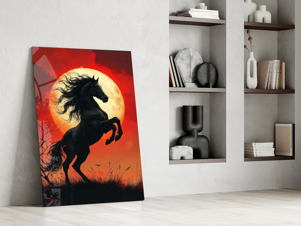 Rearing Black Horse Red Moon Glass Wall Art