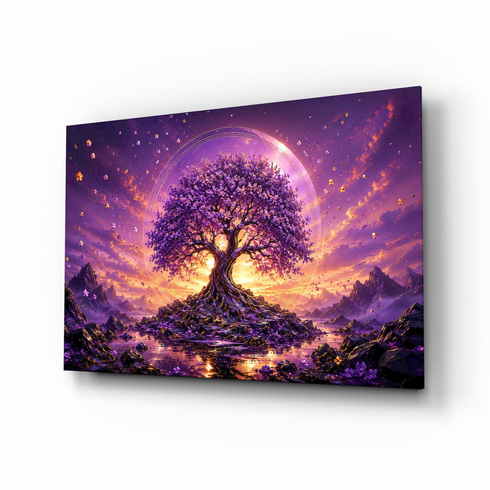 Purple Tree of Life Glowing Sunset Glass Wall Art