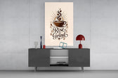 Steaming Coffee Cup Sunburst Typography Glass Wall Art