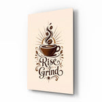 Steaming Coffee Cup Sunburst Typography Glass Wall Art