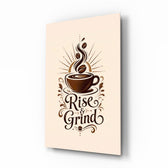 Steaming Coffee Cup Sunburst Typography Glass Wall Art