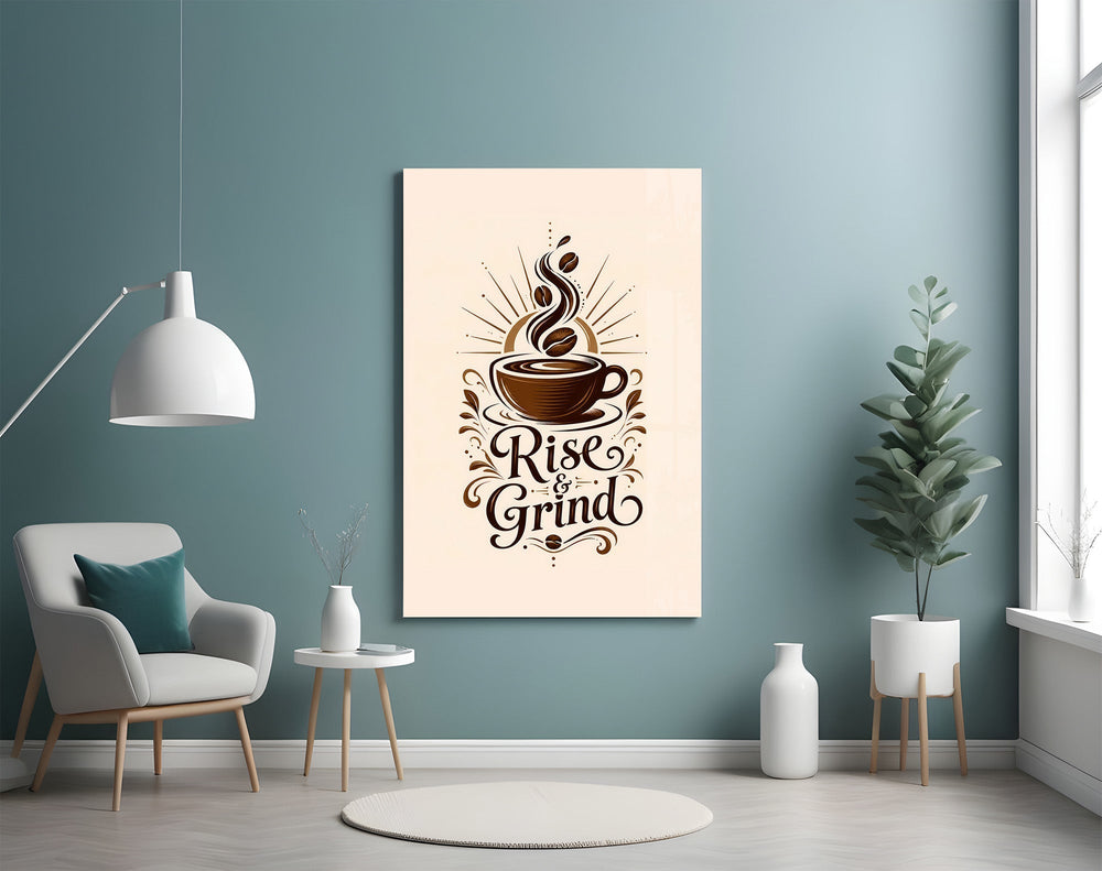 Steaming Coffee Cup Sunburst Typography Glass Wall Art