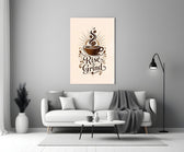 Steaming Coffee Cup Sunburst Typography Glass Wall Art
