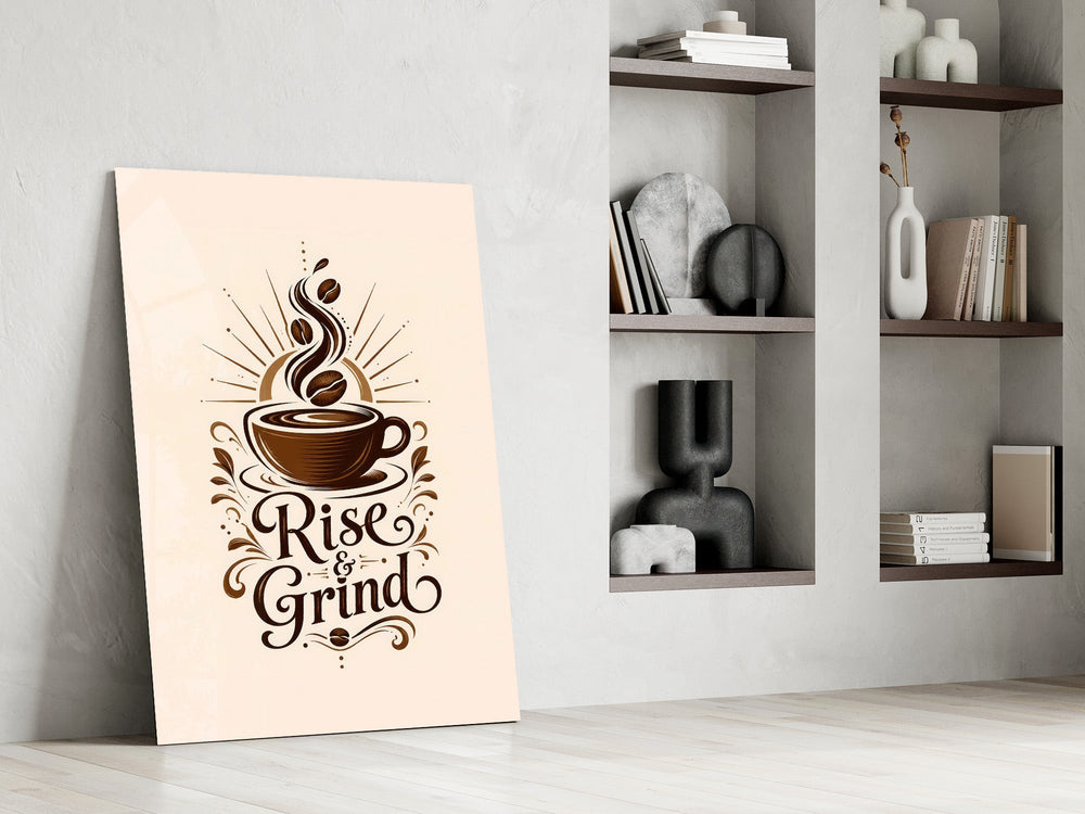 Steaming Coffee Cup Sunburst Typography Glass Wall Art
