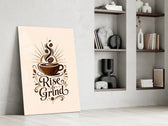 Steaming Coffee Cup Sunburst Typography Glass Wall Art