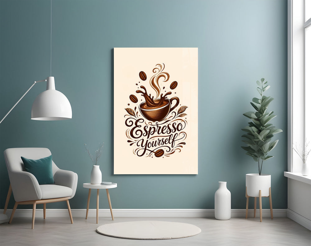 Splashing Espresso Cup Typography Glass Wall Art