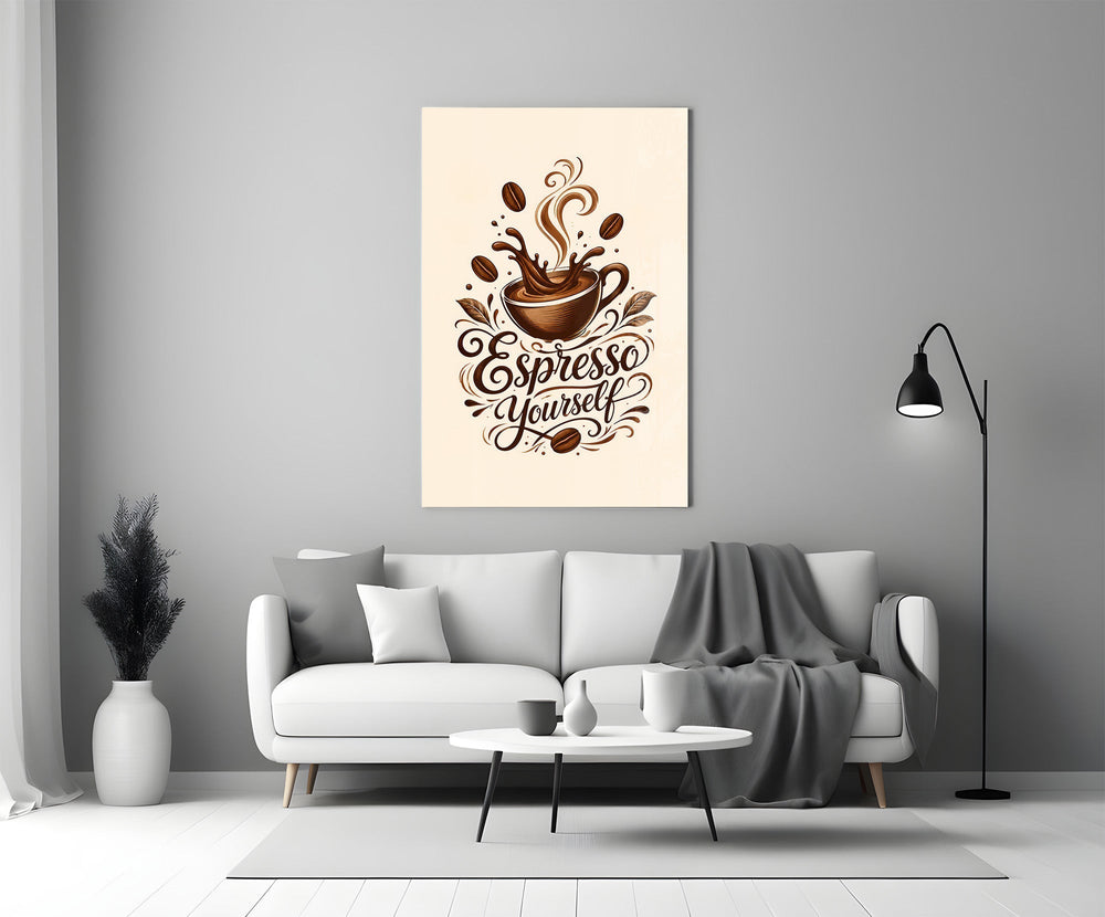 Splashing Espresso Cup Typography Glass Wall Art