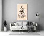 Brown Script Coffee Cup Typography Glass Wall Art