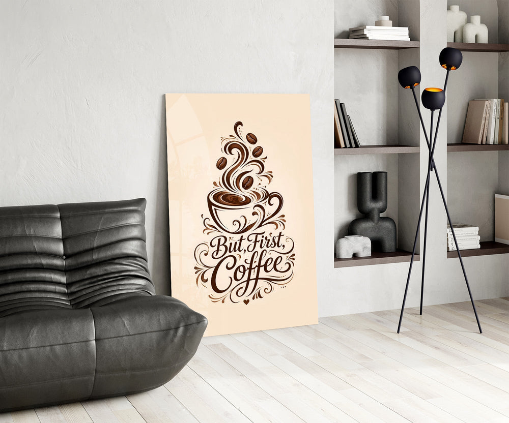 Brown Script Coffee Cup Typography Glass Wall Art