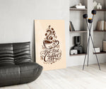 Brown Script Coffee Cup Typography Glass Wall Art