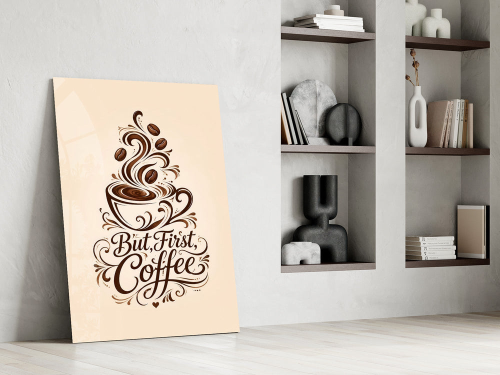 Brown Script Coffee Cup Typography Glass Wall Art