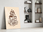 Brown Script Coffee Cup Typography Glass Wall Art